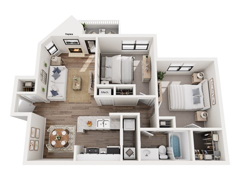 Floor plan for 2 beds, 1 bath, 865 sqft